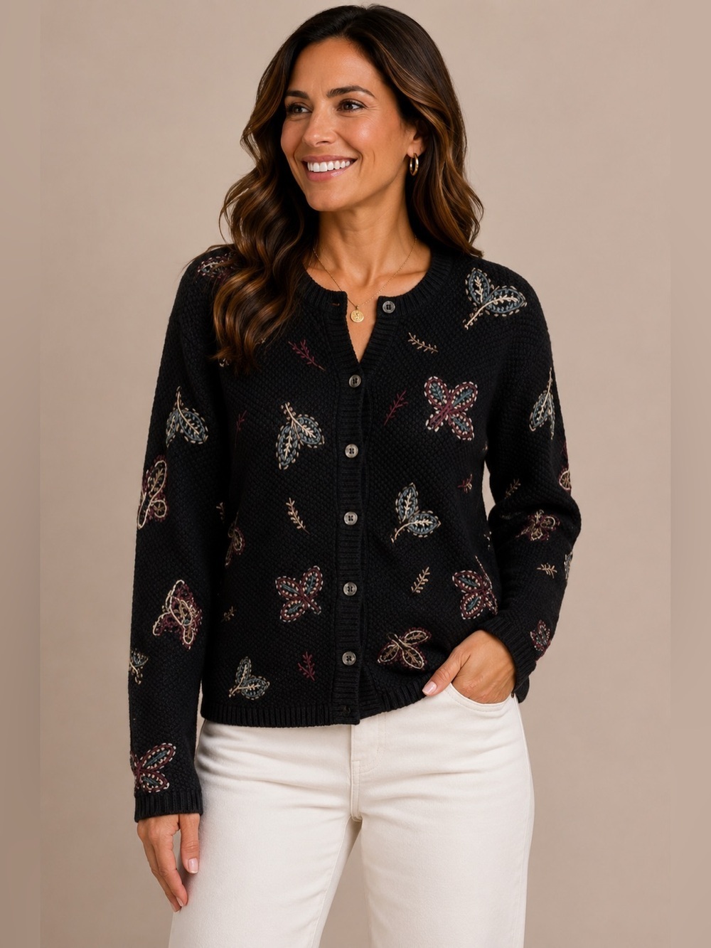 VTG Paul Harris Design Embroidered Cardigan Sweater M Butterfly Floral